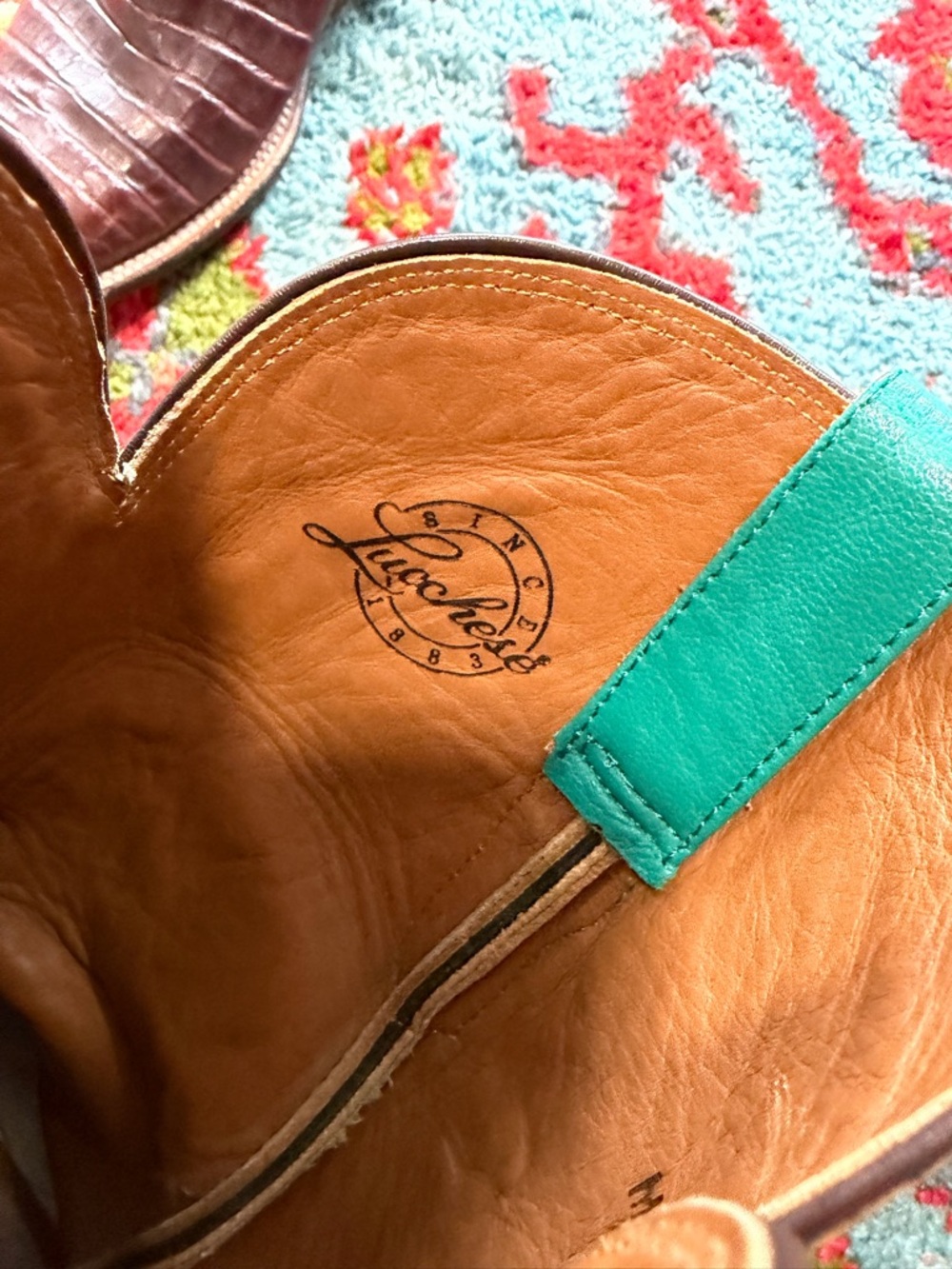 Lucchese Tobacco Caiman Exotic Cowboy Boots with Turquoise Upper - Picture 3 of 6